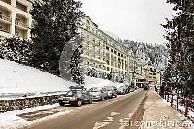 Skiing resort Semmering, Austria. Road near luxury hotel in austrian Alps. Idyllic winter wonderland mountain scenery. Editorial Stock Photo