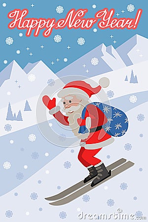 Skiing Santa illustraton on the slope mountain Vector Illustration