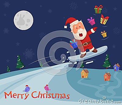 Skiing Santa at Merry Christmas holiday greeting Vector Illustration