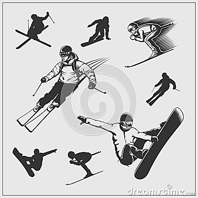 Skiing set. Silhouettes of skiers and snowboarders. Vector Illustration