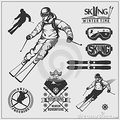 Skiing set. Ski equipment and ski kit. Extreme winter sports. Vector Illustration