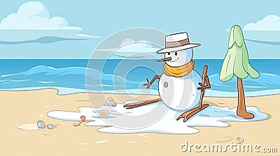 a skiing snowman is melting at the beach, summer is coming, ai generated image Stock Photo