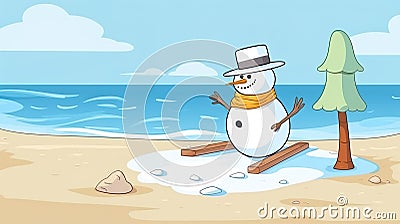 a skiing snowman with wood skiers is melting at the beach, summer is coming, ai generated image Stock Photo