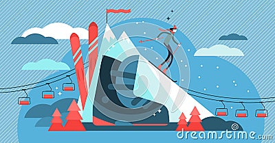 Skiing vector illustration. Flat mini sport person concept with equipment. Vector Illustration