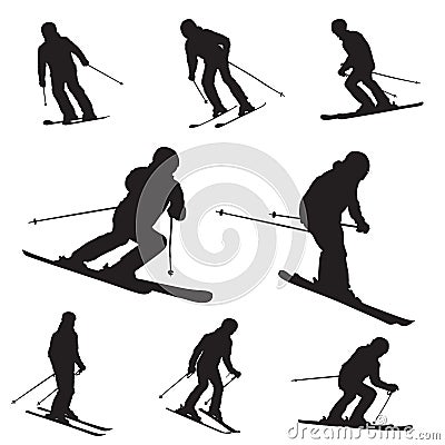 Skiing vector. Set of skier silhouette in action. Winter mountain fun Vector Illustration