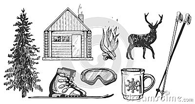 Skiing and winter hiking tourism icons set Vector Illustration