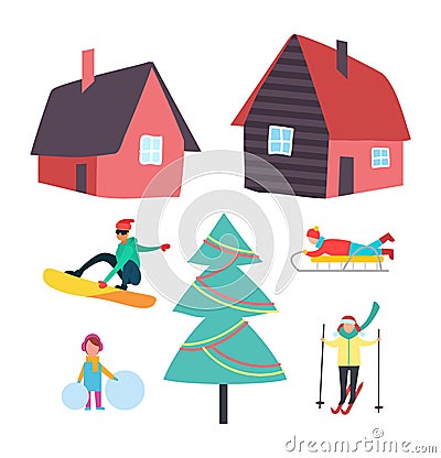 Skiing and Winter Seasonal Hobbies Set Vector Vector Illustration