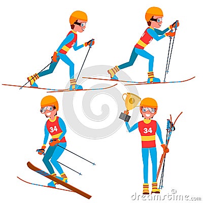 Skiing Young Man Player Vector. Man. Ski Resort. Skiing In The Mountains. Flat Athlete Cartoon Illustration Vector Illustration