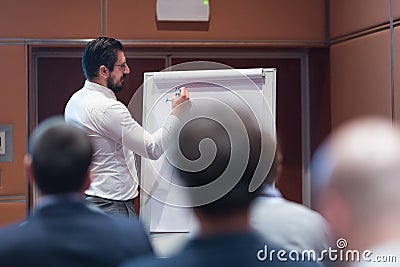 Skiled Businessman Presenting a Project to His Work Team at Informal Company Meeting. Stock Photo