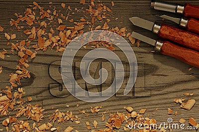 Skill carved in wood with chisels Stock Photo