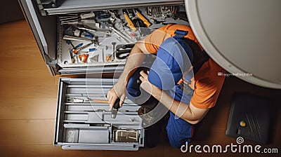 Skill on Display - Top view high angle of repairman with toolbox instruments lying down on the floor and fixing dishwasher in the Stock Photo