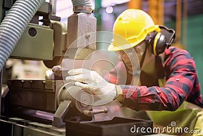 skill worker work at lathe machine Stock Photo