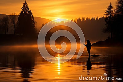 Skilled angler capturing sizable fish using spinning rod in flowing river, fishing scene Stock Photo