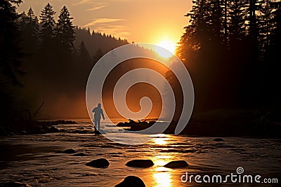 Skilled angler reeling in a sizable catch from the flowing waters of a river using a spinning rod Stock Photo