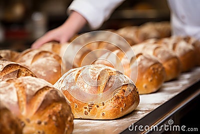 The skilled baker in the bakery carefully kneads the dough for baking bread. Stock Photo