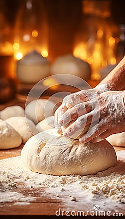 Skilled baker kneading dough for bread in bakery with blurred background bright photo Stock Photo