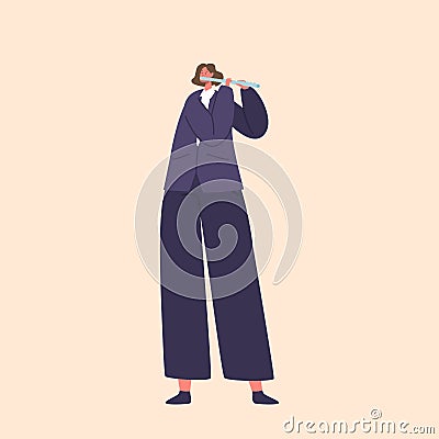 Skilled Classical Musician Female Character Playing The Flute On A Captivating Stage, Mesmerizing The Audience Vector Illustration