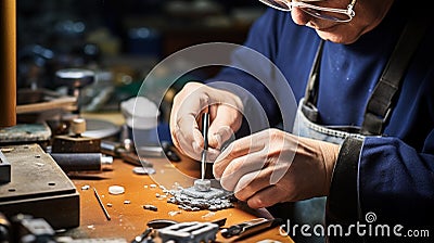 Expert Craftsman Perfecting a Delicate Silver Ring at Wooden Workbench Stock Photo