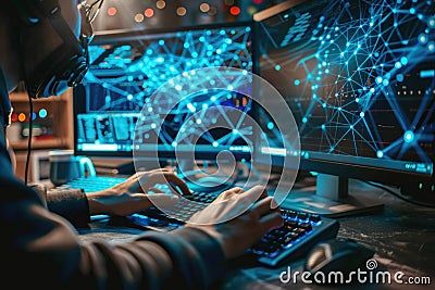 A skilled cybersecurity analyst sits at a computer, intensely focused on typing on a keyboard and clicking a mouse to Stock Photo