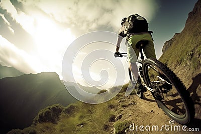 A skilled cyclist rides on a winding path up a mountain Stock Photo