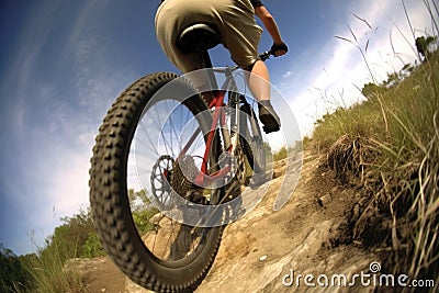 A skilled cyclist rides on a winding path up a mountain Stock Photo