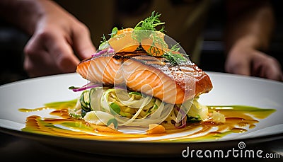 Skilled food stylist beautifully plating and garnishing a meal for restaurant presentation Stock Photo