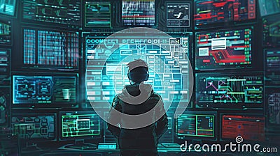 A skilled hacker stands in front of several glowing screens, immersed in complex data analysis, deep in concentration in Stock Photo