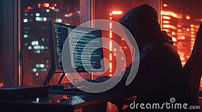 A skilled hacker types intricate code in a dim room, creating an enigmatic atmosphere Stock Photo
