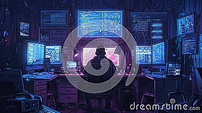 A skilled hacker works intently at a desk, analyzing data streams on several glowing screens in a darkened room Stock Photo