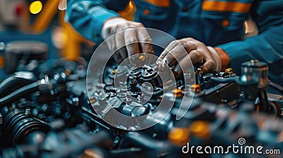 Close-up view of a mechanic assembling engine components in a workshop Stock Photo