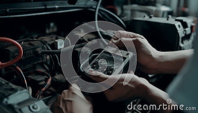 Skilled mechanic repairing car engine with wrench generative AI Stock Photo