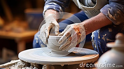 Skilled potter meticulously creating beautiful matching ceramics on wheel in vibrant studio Stock Photo
