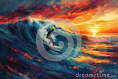 A skilled surfer riding a wave at sunset, capturing the adrenaline-filled moment of conquering a powerful swell, Vibrant depiction Stock Photo