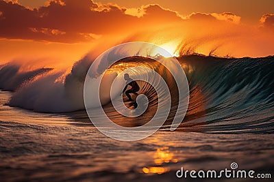 Skilled surfer surfing a big wave at sunset. Generative AI Stock Photo