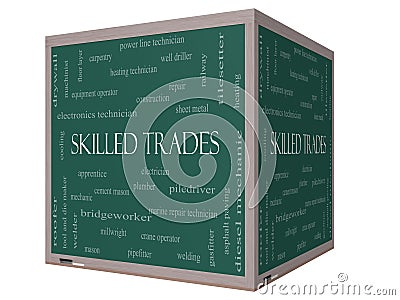 Skilled Trades Word Cloud Concept on a 3D cube Blackboard Stock Photo