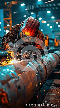 Skilled Welder Working on Industrial Steel Pipe in Factory Stock Photo