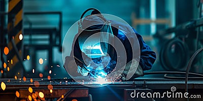 Skilled Welder works in a fabrication shop welding metal work - They are wearing protective Fire resistant clothing Stock Photo