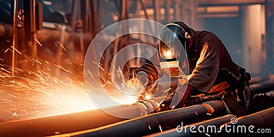 skilled welders joining sections of the pipeline to ensure a secure connection. Generative AI Stock Photo