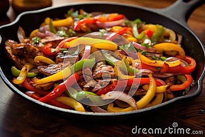 Skillet Filled With Meat, Peppers and Onions, Delicious One-Pan Dish for a Flavorful Meal, Sizzling fajitas with colorful bell Stock Photo