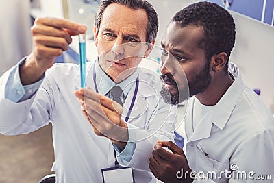 Skillful chemist teaching young promising assistant Stock Photo