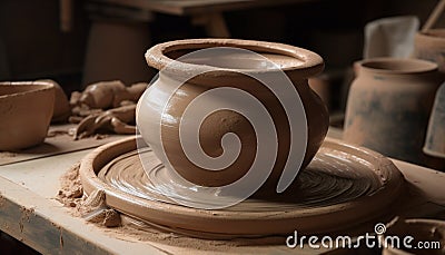 Skillful potter turning clay on spinning wheel generated by AI Stock Photo