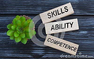 SKILLS, ABILITY, COMPETENCE , words on wooden blocks on a beautiful dark background with cactus Stock Photo