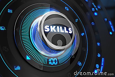 Skills Button with Glowing Blue Lights Stock Photo