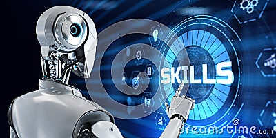 Skills Personal training development education concept. Robot pressing button on screen. 3d render Stock Photo