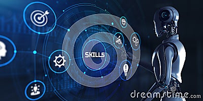 Skills Personal training development education concept. Robot pressing button on screen. 3d render Stock Photo