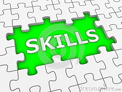 Skills - puzzle with white word. Cartoon Illustration