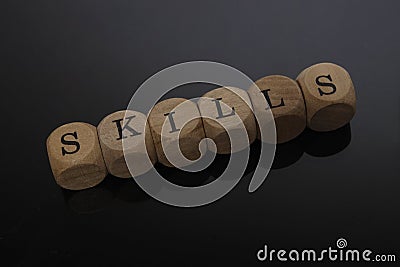 Skills word cube with reflection background Stock Photo