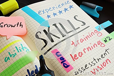 Skills written in a note. Knowledge and competence. Stock Photo