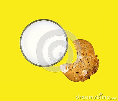 Skim milk with bitten cookie Stock Photo