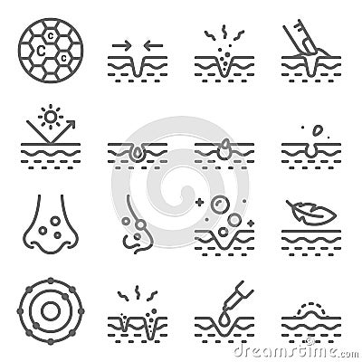 Skin Acne Vector Line Icon Set. Contains such Icons as Skin Care, Relax, Dermatology, Sun block, Treatment, Pimple and more. Expan Vector Illustration